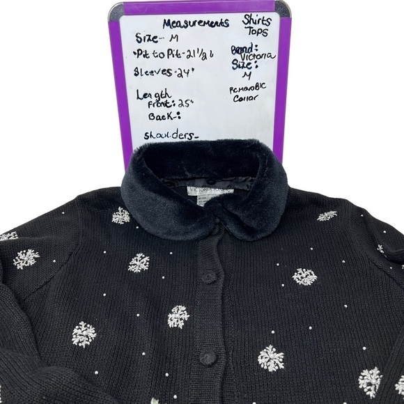 Victoria Jones Embellished Poinsettia Snow Flake Cardigan Removable Fur Collar M - Picture 9 of 14